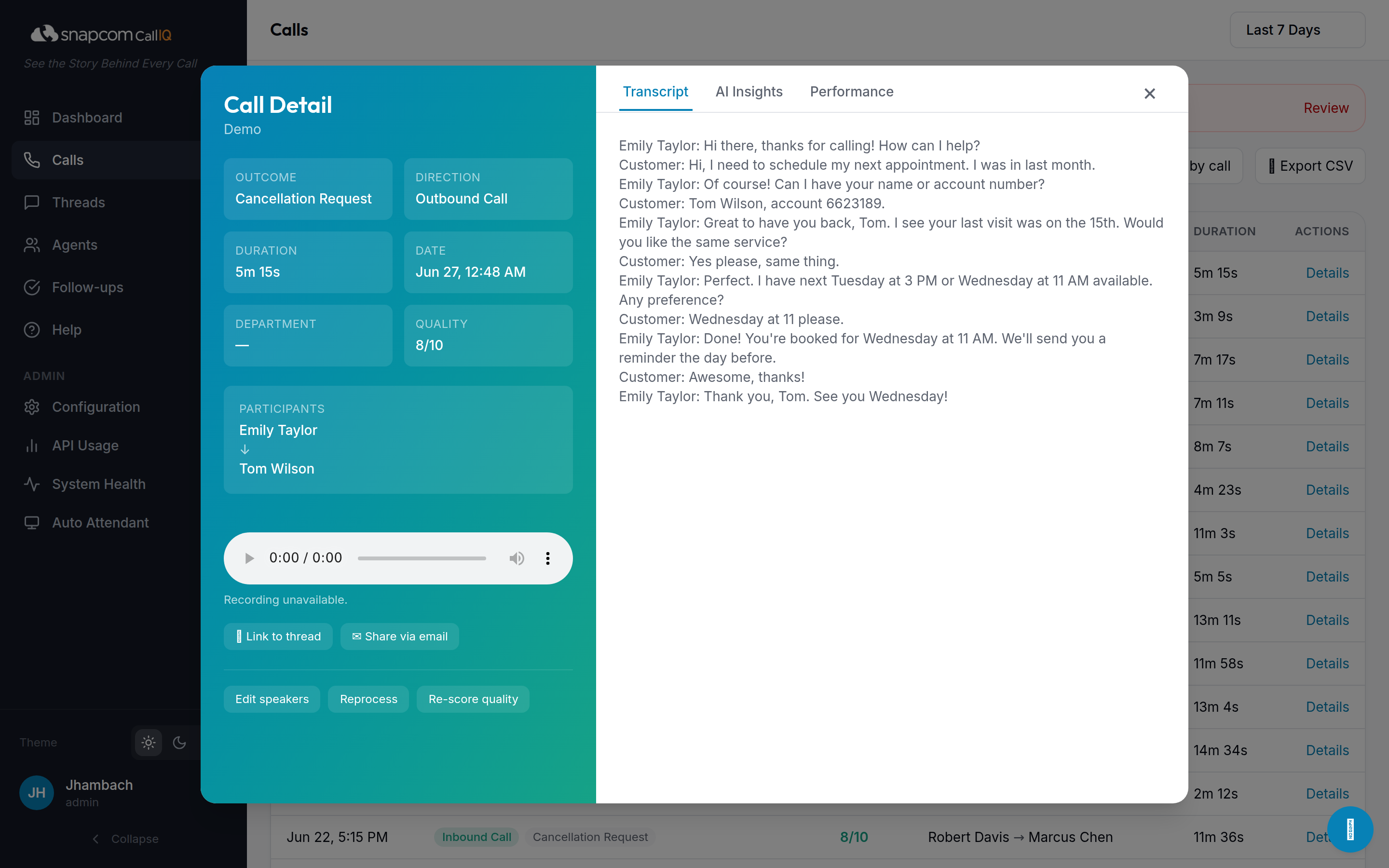 Call transcript with named speakers