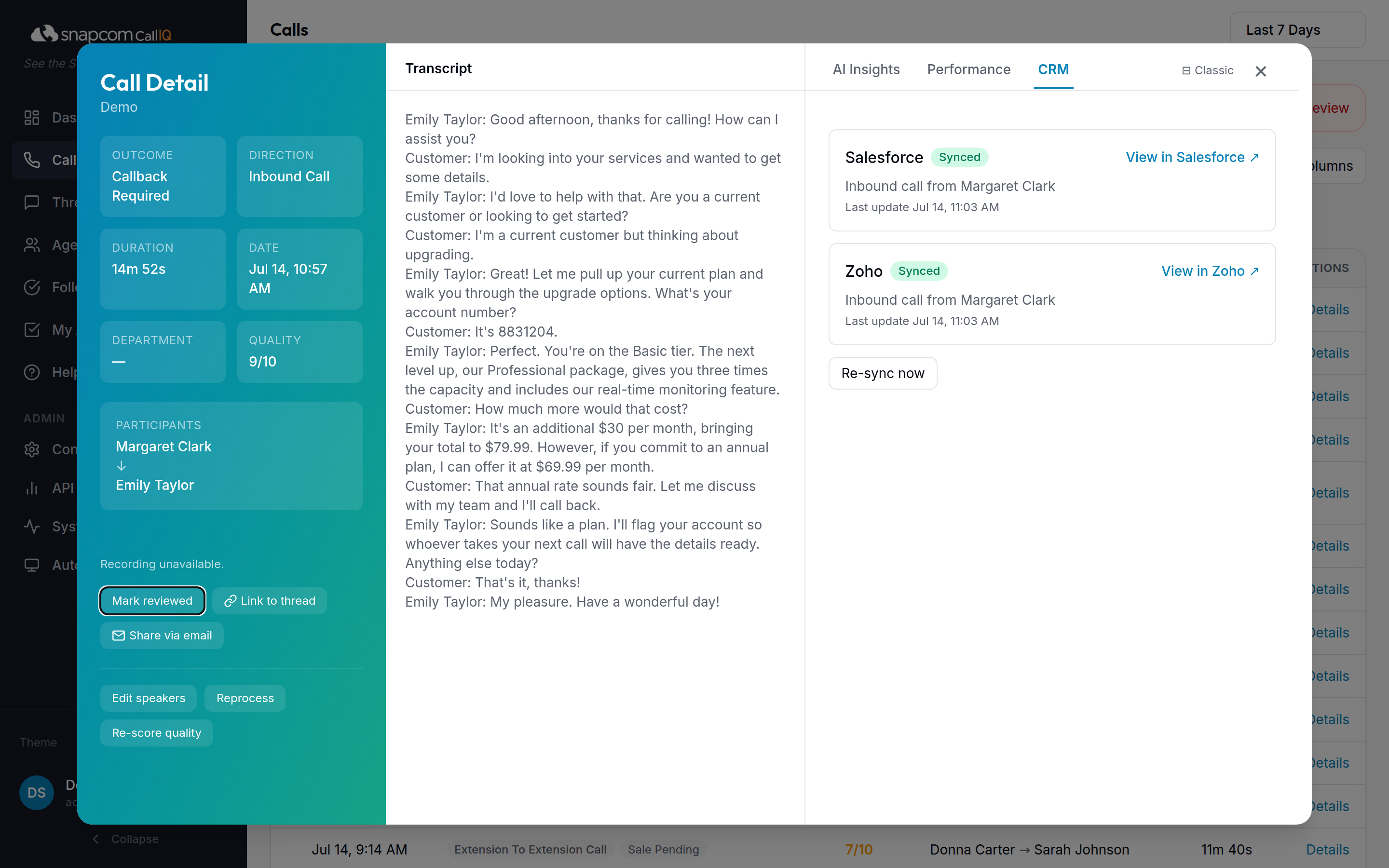 A call synced to Salesforce and Zoho from the CallIQ call detail view