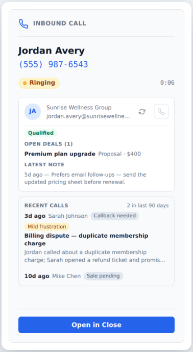 An incoming call in the Snapcom extension showing the matched CRM contact, their open deal, the latest note, and recent call history