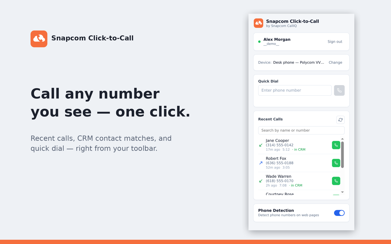 The extension popup with quick dial, device selection, and recent calls