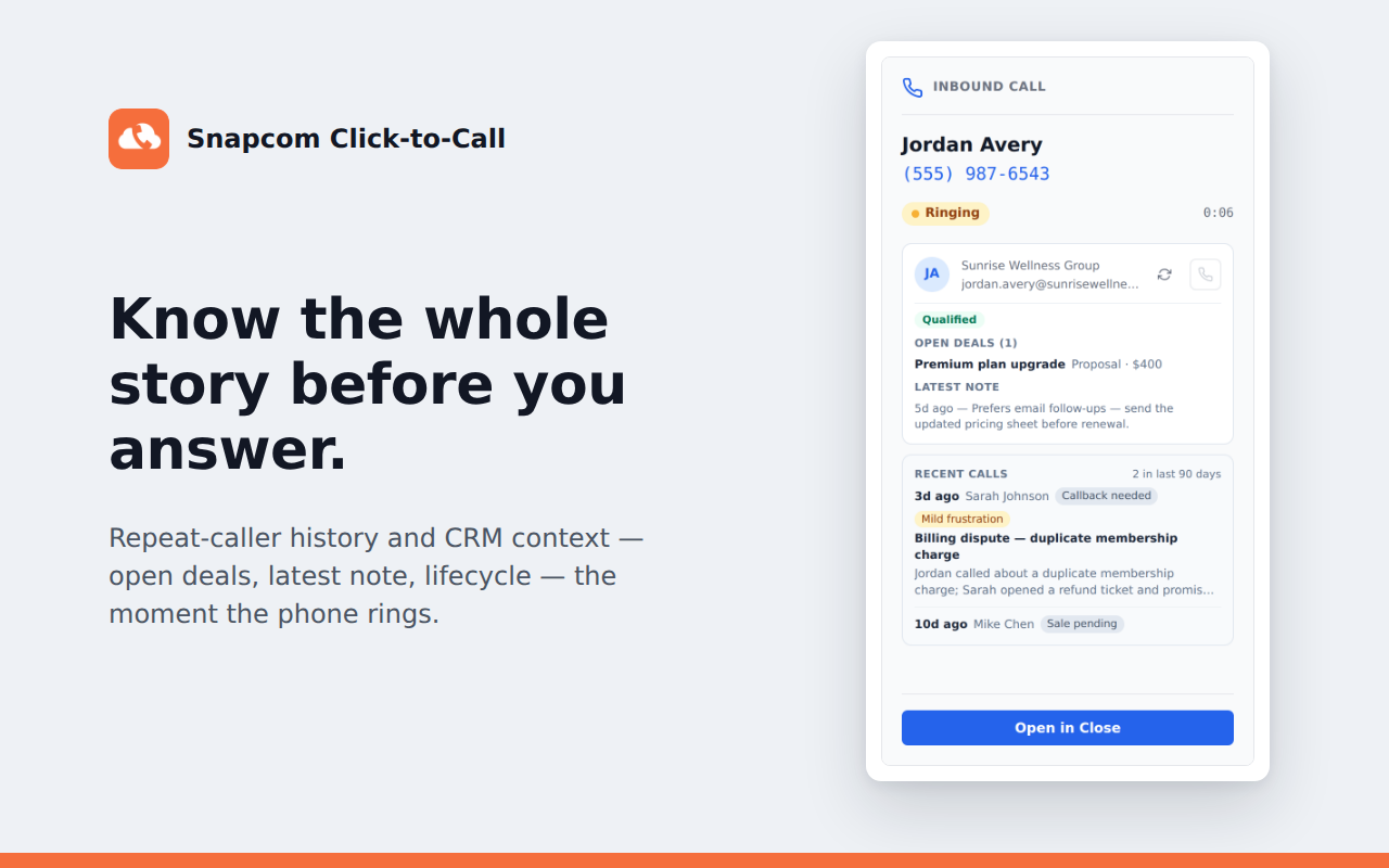 The incoming-call window showing caller history and context